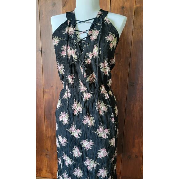 American Eagle Women Sm. Maxi Dress Black Floral Cottagecore Sleeveless Keyhole - Picture 1 of 16